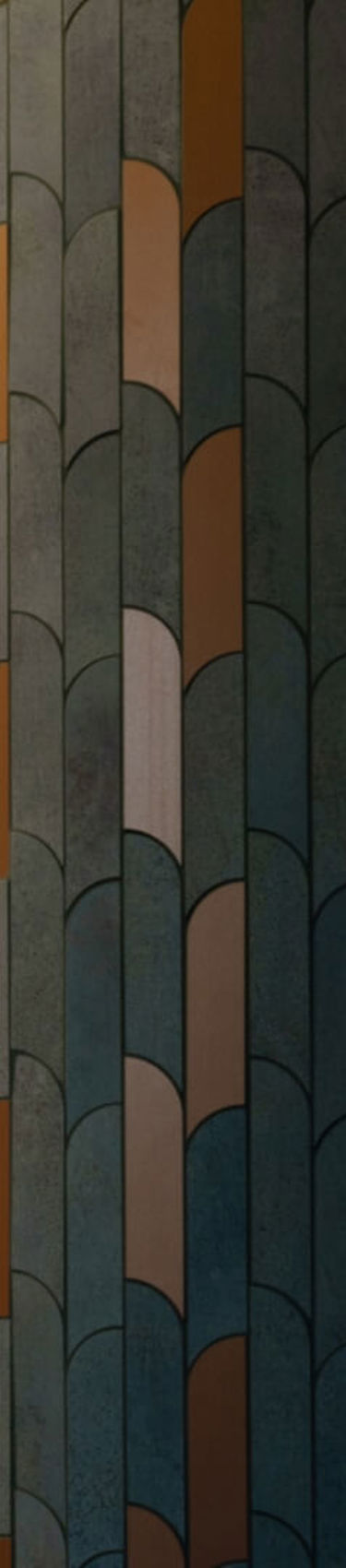 Lamps and mosaic on wall in the Warsaw office in Poland. 