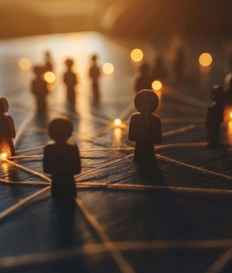 A network of people illustrated with little figures with thread between them