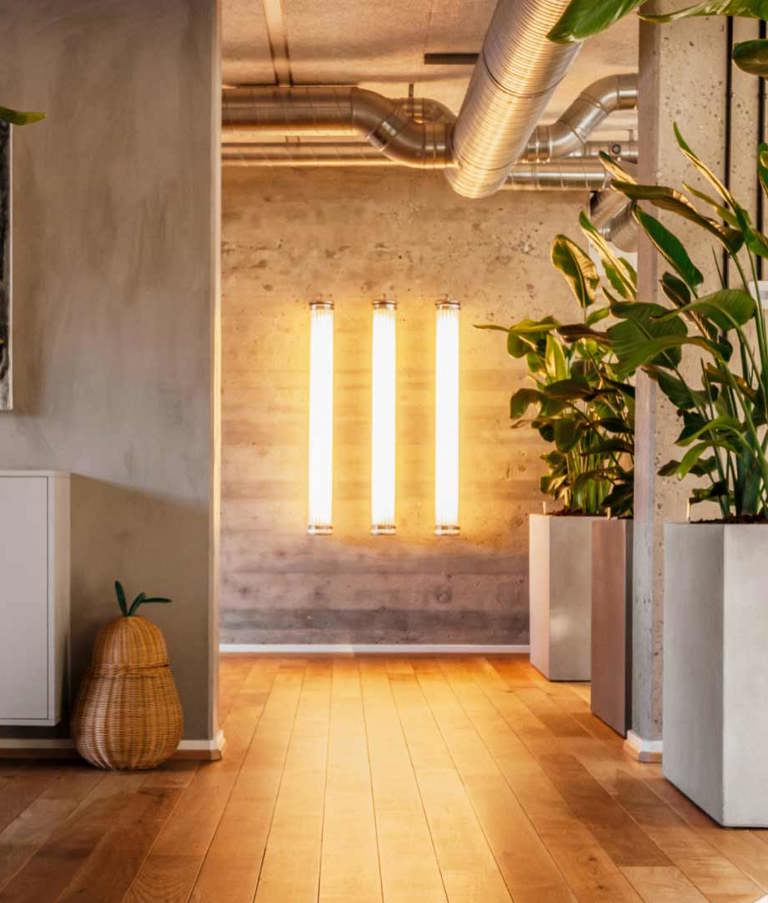 Three lamps at the end of 7N's Aarhus office in Denmark 