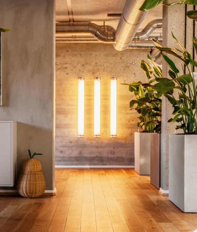 Three lamps at the end of 7N's Aarhus office in Denmark 